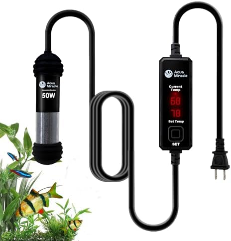 AquaMiracle 50W Small Aquarium Heater Fish Heater, Super Mini Fish Tank Heater Turtle Tank Heater for 5-10 Gal Tanks, with Dual LED Display, Dry-Run/Overheating Protection & Memory Function