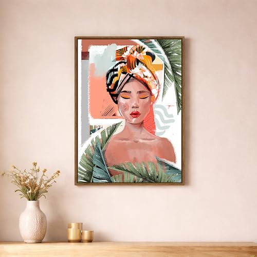 Image of Modern Bohemian Tropical Woman Portrait Framed Canvas Painting For Living Room | Botanical Abstract Female Wall Art For Livingroom Wall Decor, Home Decor, Bedroom, Hallway's, Office, Hotel - 43x58 cm