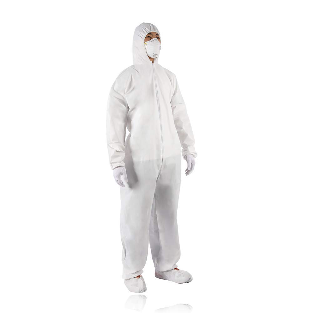 Rajasthan Crafts PPE Coverall in 90GSM SITRA and CE Certified Laminated Non Woven Fabric with Attached Hood & Elastic Cuff; Zipper Front White Coverall Hazmat Suit for Men and Women; Free Size