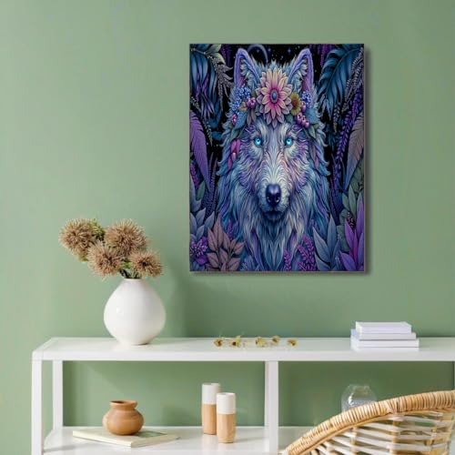Tableau décoration murale loup et fleurs néon 60x90cm pour salon et chambre