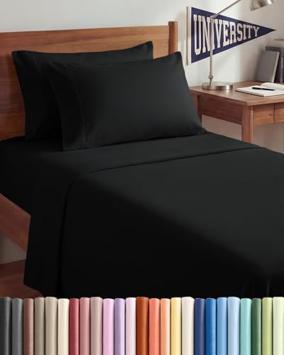 Image of Twin XL 4 Piece Sheet Set - College Dorm Room Essentials - Black | Ultra Soft Dorm Bedding Set, 8 inch to 16 inch Inch Deep Pockets, 1 Flat & 1 Fitted Sheet & 2 Pillowcases, Wrinkle & Fade Free