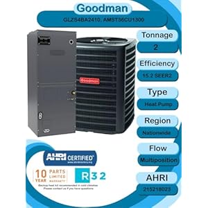 Goodman 2 TON 15.2 SEER2 Multi-Position R-32 Heat Pump System with air handler (GLZS4BA2410 condenser and AMST36CU1300 air handler) Goodman 2 TON 152 SEER2 Multi Position R 32 Heat Pump System with air handler GLZS4BA2410 condenser and AMST36CU1300 air handler