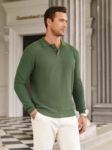 Camisetas polo tejidas de manga larga para hombre de Hardaddy, tops casuales con cuello tipo polo y textura miniatura 2