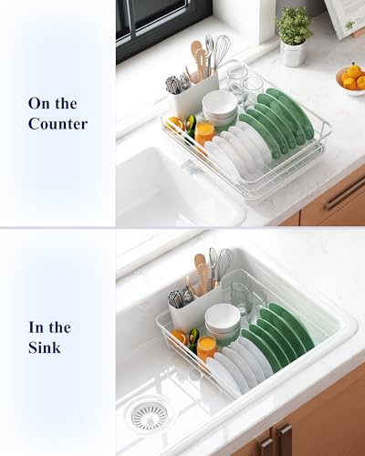 Kitsure Dish Drying Rack for Kitchen Counter, Stainless Steel Sink Organization and Storage Essentials with Cutlery Holder, Home and Appartment Decor, 12''W x 15.5''L, White