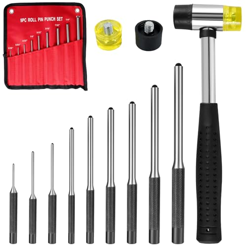 9Pcs Roll Pin Punch Set Multi-Size Steel Pin Punch Kit with Hammer and Storage Pouch Portable Roll Pin Punch Repair Tool Multifunctional Knurled Roll Pin Punch Tool for Repair Watch