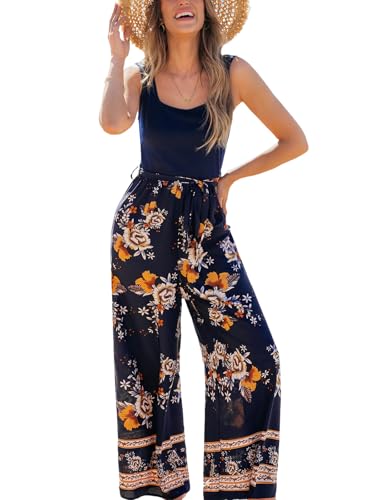 CUPSHE Damen Jumpsuit Blumen Quadratischer Ausschnitt Ärmellos Overall Weites Bein Strampler mit Gürtel Playsuit Sommer ...