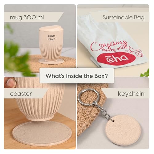 Image of Eha Earth Friendly Customised Coffee Mug, Coaster with Bag 350 ml, Set of 1 | Made with Rice Husk Biocomposite | Personalized Gifts for Friends and Family | Sand Castle