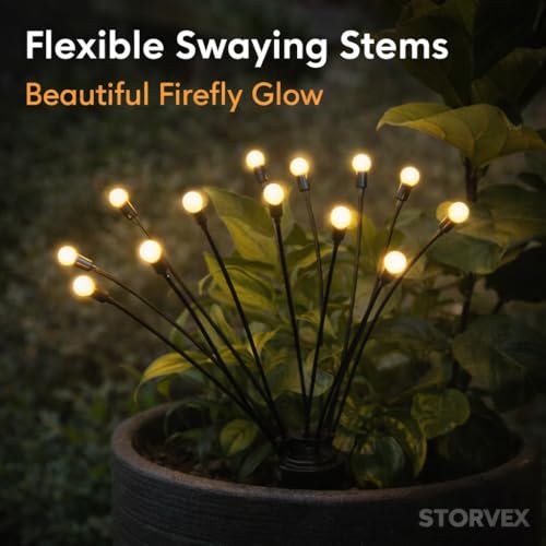 Image of Solar Firefly Garden Lamp, 16 LED Swaying Waterproof Pathway Light for Yard Patio Lawn Decoration, Auto On /Off Warm White, 2 Pack (8 Heads)