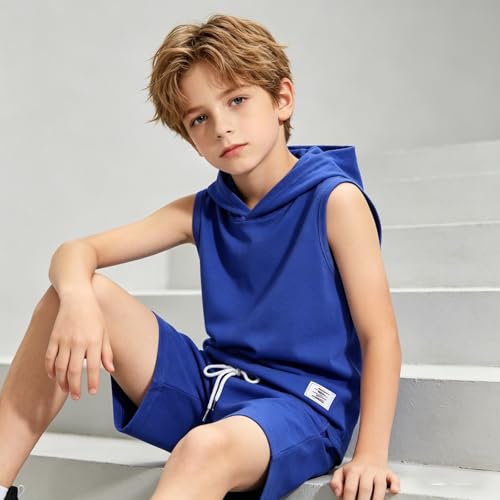 Image of Size 6-12 Years Boys Summer Clothes Hooded Sleeveless Tank Tops Workout Shorts 2 Piece Set Fashion Outfits