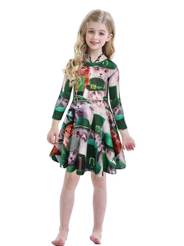 Image of WonderBabe Toddler Girl St Patricks Day Outfit Kids Long Sleeve Printed Swing Dresses Shamrock Clover Casual Dress Clothes