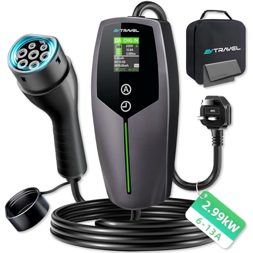 Image of EVTRAVEL EV Charger Type 2 to 3 Pin Plug 32.8Ft/10M, Portable UK 3 Pin EV Charger, Adjustable Electric Car Charger [6/8/10/13A], 2.99KW EV Car Charger with LED Display, Type 2 Cable EVs and PHEVs