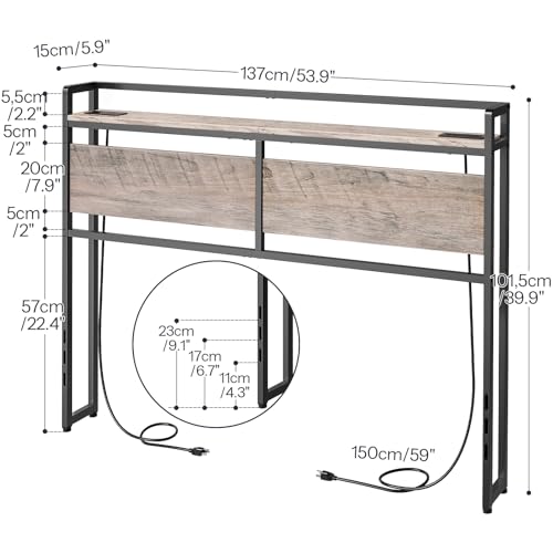 Image of HOOBRO Full Size Headboard, Headboard with 2 Outlets and 4 USB Ports, Adjustable Height, Storage Rack, Sturdy and Stable, Easy Assembly, Greige and Black