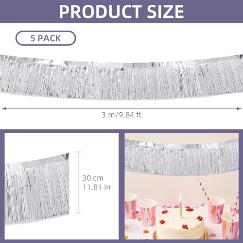 Image of 5 Pack 10 Feet Silver Foil Fringe Garland - Metallic Tinsel Streamers Fringe Backdrop Banner for Parade Floats, Birthday Parties, Halloween & Christmas Decorations
