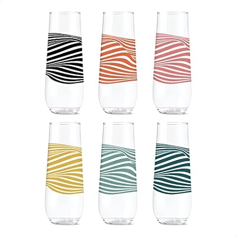 TOSSWARE POP 9oz Flute Designer Series - Lines 1, Set of 6, Premium Quality, Recyclable, Unbreakable & Crystal Clear Plastic Printed Champagne Glasses Cover