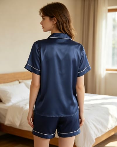 Image of 3 Piece Silk Satin Pajama Set for Women Soft Short Sleeve Button Down Pjs with Shorts Long Pants Sleepwear S-XXXL