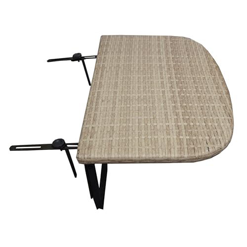 Image of White Indoor and Outdoor Foldable Wicker Balcony Table with Metal Frame and Adjustable Clamps
