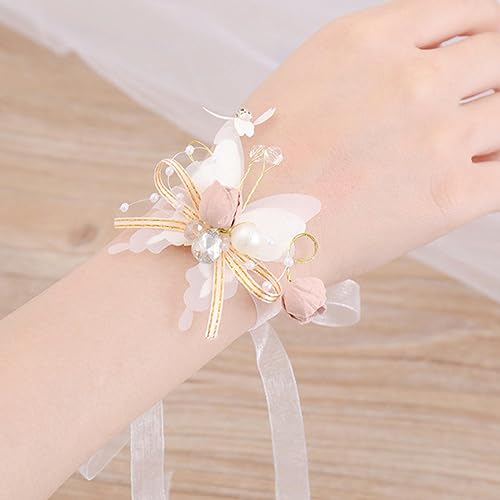 RIAAJ Bracelet de Corsage en perles d'imitation papillon, fleurs à main en tissu pour filles, fleurs de poignet de demoiselle d'honneur, accessoires de fête de mariage-J