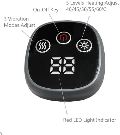 Close-up of the RIZONE Knee Massager control panel with buttons for vibration, power, and heat, and a digital display