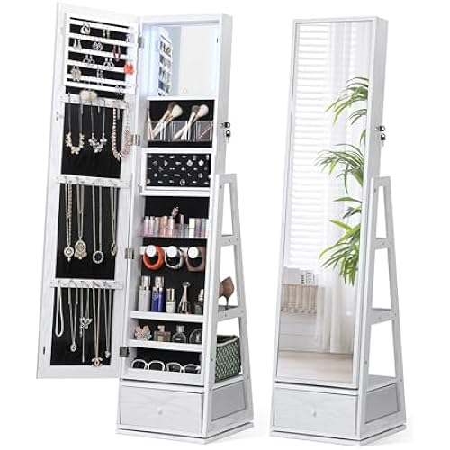 Nicetree 360° Swivel Jewelry Cabinet with Lights, Full Length Mirror, Lock