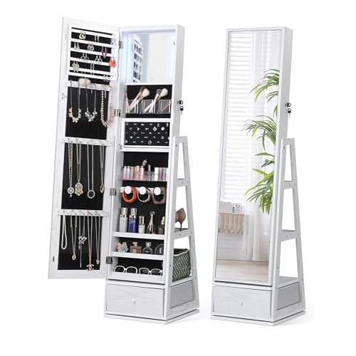 Nicetree 360° Swivel Jewelry Cabinet with Lights, Touch Screen Vanity Mirror, Rotatable Full Length Mirror with Jewelry Storage, Standing Jewelry Armoire Organizer, Foldable Makeup Shelf, White