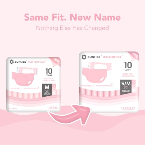 Image of SUNKISS Masterpiece Adult Diapers with Tabs, Unisex, S /M, Pink, 10 Count | Ultra High Absorbency, Plastic-backed Briefs, Refastenable Tabs, Odor Control, Leak Protection for Daytime & Overnight Use