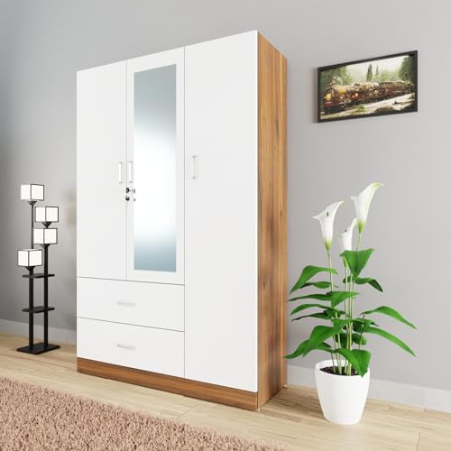 Image of VIKI Wardrobe | Wooden Almirah for Clothes,Door for Bedroom, 3 Door Wardrobe with Drawer, Mirror & Hanging Space (Brussel Walnut, Frosty White - 40D x 120W x 180H) | 1 Year Warranty | Free Assembly