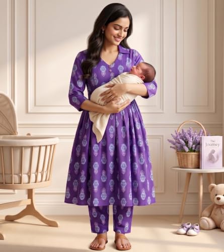 Image of DUMMY SHAPE Maternity Dresses for Women Cotton | Floral Kurta Pant Dupatta Set with Nursing Zippers, Side Pocket | Pre & Post Pregnancy | Feeding Kurti Suit | Baby Shower | Gifts for Pregnant Woman