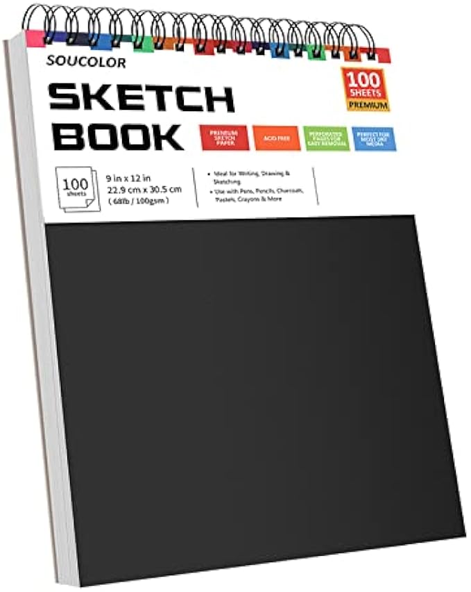 Soucolor 9" x 12" Sketchbook, 1 Pack of 100 Spiral Bound Art Sketchbooks, Acid Free (70lb/100g/m²) Artist Drawing Book Paper Drawing Sketchbook
