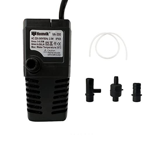 Homvik Pompe de filtre pour aquarium 200 L/H 2,5 W Pompe de filtre interne submersible pour petit réservoir de tortue, aquariums tropicaux, eau de mer et eau douce jusqu'à 40 L (200 L) Cover
