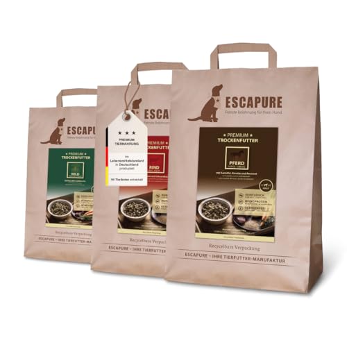 ESCAPURE Trockenfutter Testpaket – Gebackenes Premiumfutter mit 98% Fleisch – Monoprotein, getreidefrei, ohne Zusatzstoffe – Für alle Altersklassen (3x1,5kg)