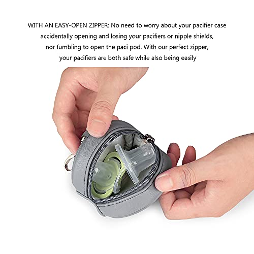 Image of Pacifier Case Bag - Leather Pacifier Holder with Clip for Diaper Bag Stroller Purse Charm, Holds 2 Pacifiers Outdoor Travel (Grey)