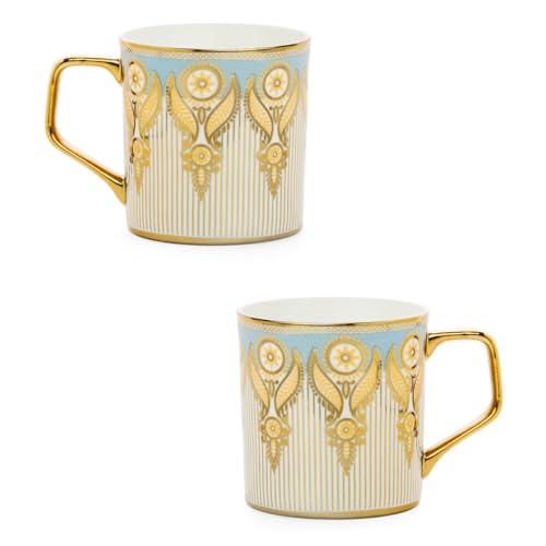 Image of Clay Craft Premium Ceramic Tea & Coffee Mugs Set of 6 - Blue & Gold Printed Designer Cups with Golden Handle | Elegant Striped Pattern | Ideal for Home, Office & Gifting