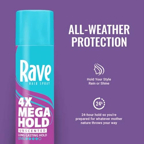 Image of Rave 4X Mega Unscented Aerosol Hairspray - Hair Spray for High Humidity Weather - 24-Hour Lasting Hold - Vitamin-Enhanced Hair Volume Spray - 4 pc