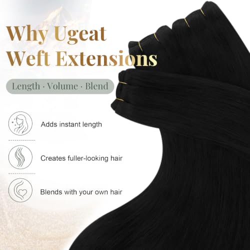 Image of Ugeat Sew in Hair Extensions Real Human Hair, Human Hair Weft Extensions Jet Black, Real Hair Extensions Sew in 18 Inch 100g, Reusable