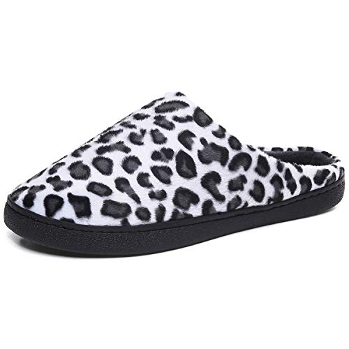 Womens Mens Memory Foam Slippers, Slip on Bedroom Slippers for Indoor Outdoor, House Slippers Non-Slip Hard Rubber Sole, Warm Soft Flannel Lining Black White