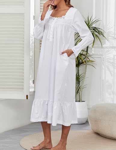 100% Cotton Nightgowns For Women Victorian Night Gown Long Sleeve House Dress With Pockets S-3XL4