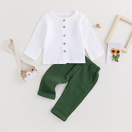 Image of VISGOGO Toddler Boy Linen Outfit Baby Boy Fall Winter Clothes Set Button-Down Shirt Tops Cotton Linen Pants 2PCS