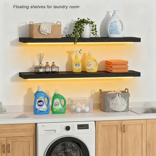 Image of ROGMARS Black Floating Shelves for Wall with Led Light 36 Inches Long,Rustic Solid Wood Farmhouse Wall Shelves with Invisible Brackets for Bedroom, Living Room, Kitchen, Bathroom Set of 2