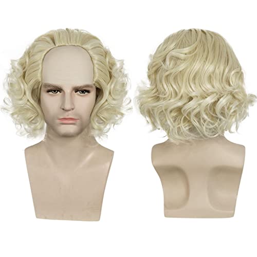IMEYLE Long Blonde Old Man Wig Half Bald Man Wigs Balding Afro Wig for Adults Wavy Man Wig Bald Guy Costume White Wig Grandpa Short Curly Hair Wig Male for Halloween Costume Party + Wig Cap