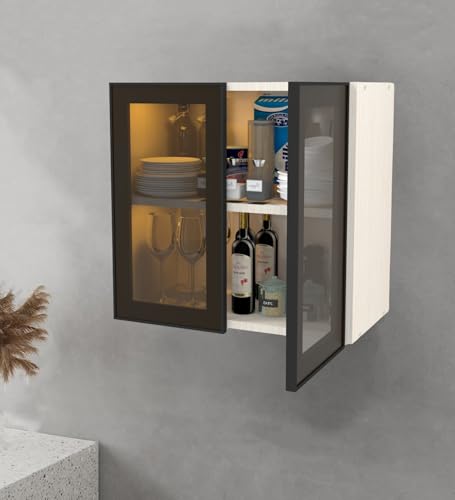 Image of SPECIALITY PANELS Aluminium Black Profile 2 Door Wall Cabinet | Brown Tinted Glass Handless Shutters | Wall Mounted Kitchen Storage Cupboard | Modern Space Saving Organizer | DIY Assembly