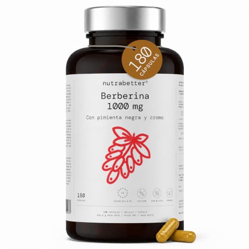Berberina 1000mg por Dosis | 180 Cápsulas Veganas | Berberina HCl 97% de Berberis vulgaris + Cromo y Pimienta Negra | Apoyo al Metabolismo y Glucosa Normal | Fabricado en España | nutrabetter®