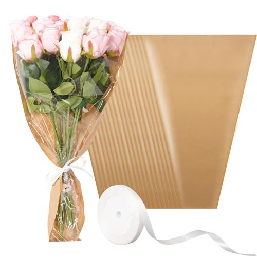 Image of Kosotody 50Pcs Flower Bags for Bouquets,Flower Packing Kraft Paper Sleeves with Ribbons for Florist Supplies Wedding BirthdayMother's Day, 14 x 22 Inches