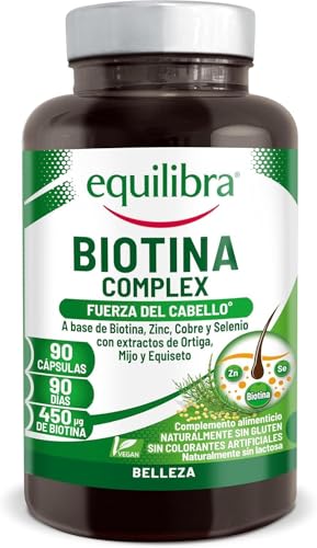 Equilibra, Biotina Complex, Bienestar del Cabello y las Uñas, Dosis Elevada de Biotina, Zinc, Cobre, Selenio, Extractos de Ortiga, Mijo y Equiseto, 90 Cápsulas
