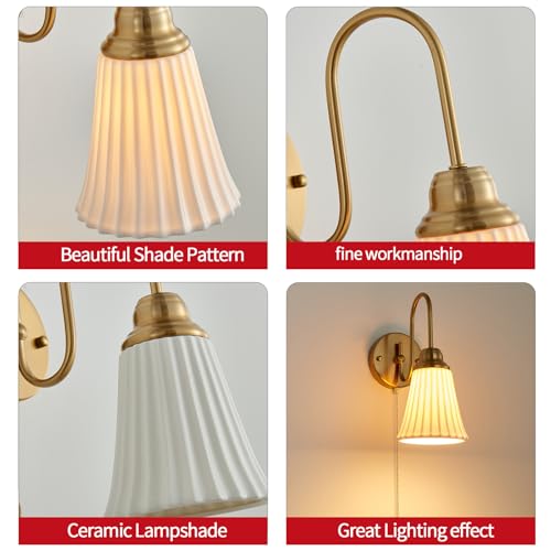 Image of Hardwired Wall Sconces Wall Lighting Set of 2, Modern Ceramic Gold Wall Sconce Light with Pull Chain Switch, Indoor Bedside Wall Lamp Light Fixture for Living Room Bedroom Kitchen Home Office Hallway