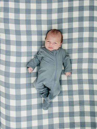 Image of Dusty Blue Gingham Muslin Crib Sheet by Mebie Baby, Soft and Breathable Bed Sheets for Babies, Modern Neutral Bedding for Cribs, Standard Crib Mattress Fitted Sheet, Great for Boy or Girl Room