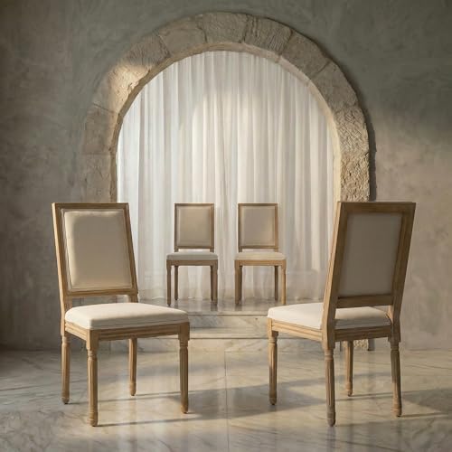 OVENTA Vintage French Country Dining Chairs Set of 4, Linen Dining Chairs with Solid Wood Legs, Beige Upholstered Chair with Square Back, Sillas para Comedor, for Dining Room, Kitchen