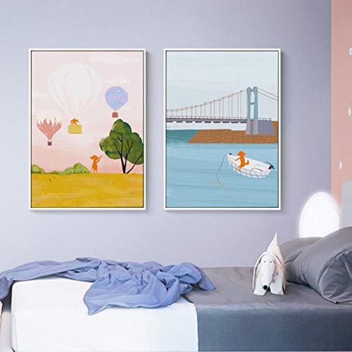 Anpassen der Wandkunst Nordic Cartoon Fuchs Reise um die Welt Leinwand Malerei Poster und Druck Home Dekorative Wandkunst Bilder für Kinderzimmer 50x70cmx2 ohne Rahmen Cover