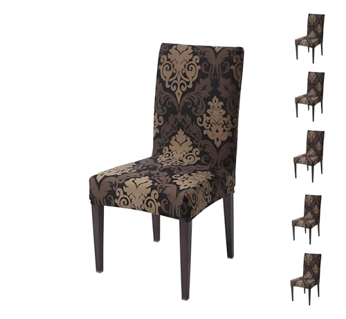 Image of Dining Chair Cover Set of 6, Stretchable Removable Washable Anti-Slip Universal Fit Printed Polyester Spandex Slipcovers (Brown Mint)