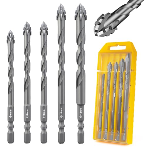 Flintronic 5 Piezas Brocas Porcelanico, Broca Ceramica Ø 6-12 mm, Taladro Excéntrico, Taladro de Vidrio con Vástago Hexagonal, para Madera Plástico Albañilería Baldosa Cerámica Vidrio Hormigón