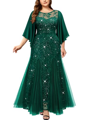 MISSMAY Women's Plus Size Elegant Butterfly Sleeve Chiffon Floral Sequin Lace Contrast Mesh Mermaid Hem Evening Party Long Dress (3XL, Dark Green)